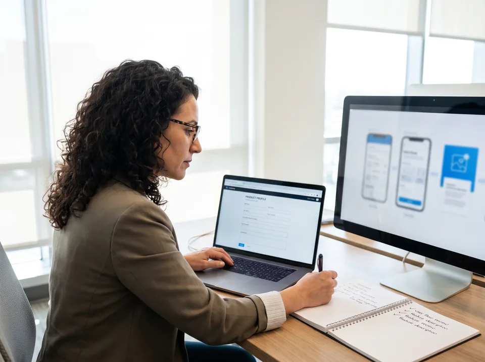 Product marketing manager filling in a software listing profile with screenshots ready
