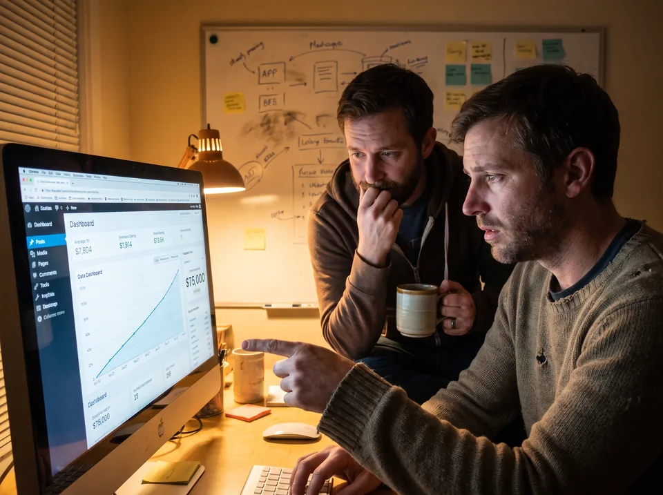 SaaS co-founders reviewing the spend on a launch ad campaign before committing budget
